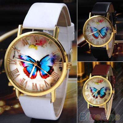 Damen-Armbanduhr mit Schmetterlings-Zifferblatt, Kunstleder, römischen Ziffern, Quarz, analog, Kleid