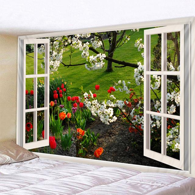 Fereastră tridimensională, peisaj naturii, agățat pe perete, tapiserie, decorare artistică, perdea suspendată pentru dormitor, sufragerie, decorare
