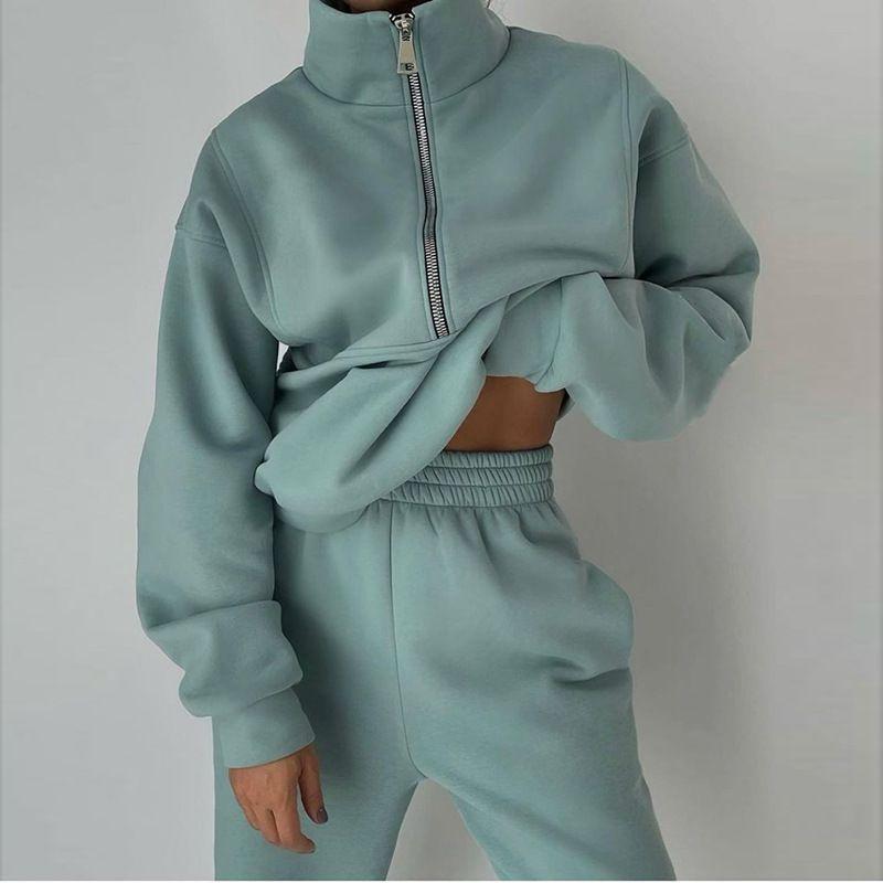 Fall and Winter New Arrival Fashion Stand Collar Zipper Fleece Loose Long Sleeve Sweatershirt Jogger Pants Pants Casual Sports Two-Piece Suit