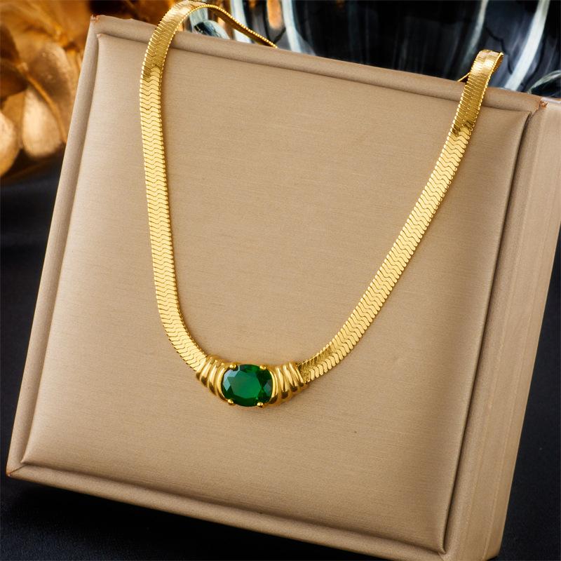 Gold Plated Herringbone Necklace with Emerald Green Oval Crystal Pendant Fashion Jewelry for Women