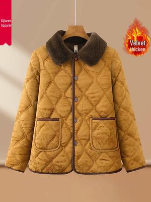 Jaqueta Elegante de Algodão com Aprimoramento em Veludo Floral para Mulheres de Meia-Idade - Curta, Quente para Outono/Inverno para 50+.