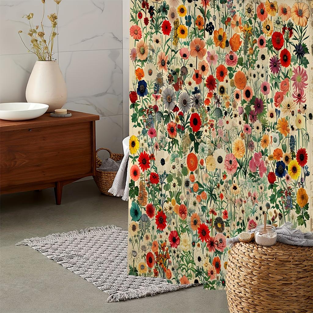 1Pc, Shower Curtain, Vintage Green Plant Floral Print Window Curtain With Curtain For Windows
