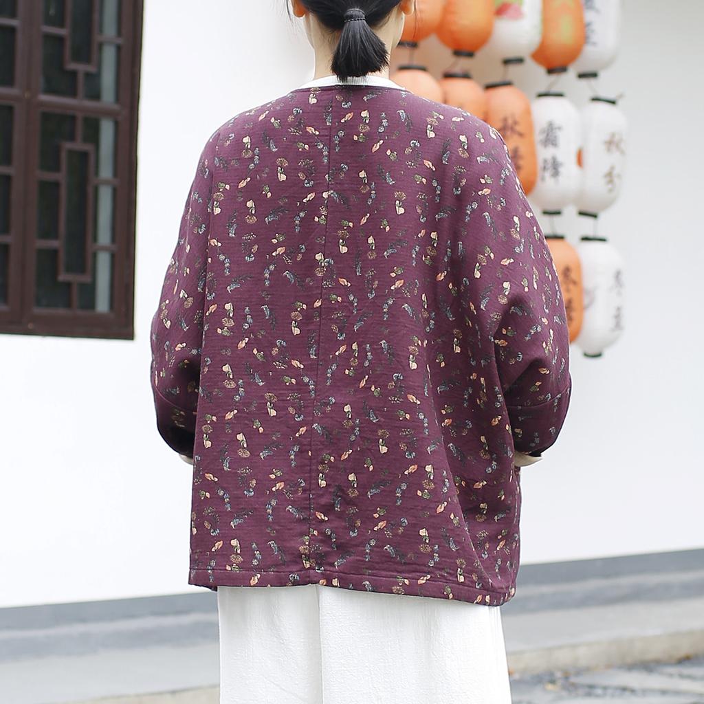 Johnature Women Vintage Print Floral Jackets O-Neck Long Sleeve Coats Spring Button Bat Sleeve Chinese Style Jackets