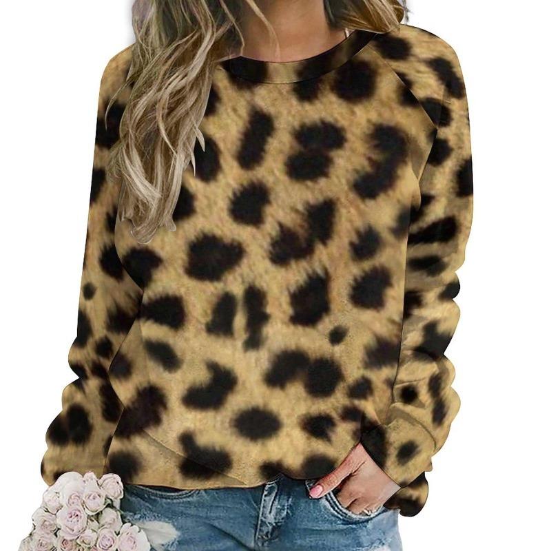 Moda Leopardo Camisetas Femininas Outono Manga Longa Camiseta Tops Gola O Regular Casual Solto Gola O Roupas Femininas Pulôver