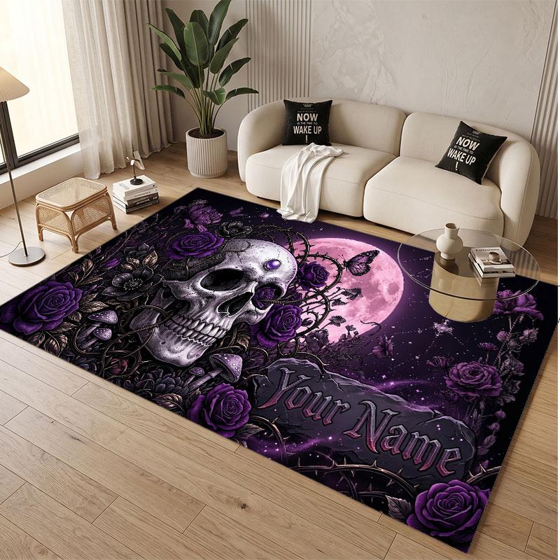 Tappeto Morbido in Velluto di Cristallo Tema Gotico Teschio Stampa Personalizzata Nome e Testo Tappeto Antiscivolo per Camera da Letto Soggiorno