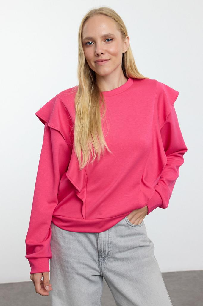 Women's Fashionable Stylish Sweatshirt Fuchsia Ruffle Detailed Relaxed Comfortable Pattern Knitted Sweatshirt