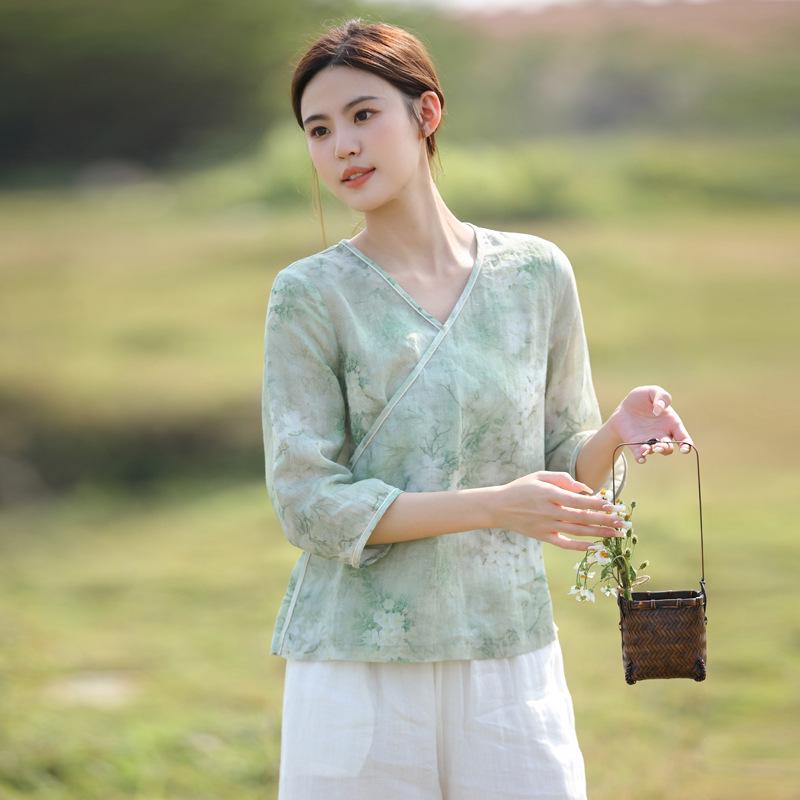 Women s High-End Cotton Linen Chinese Style Summer Top XXL