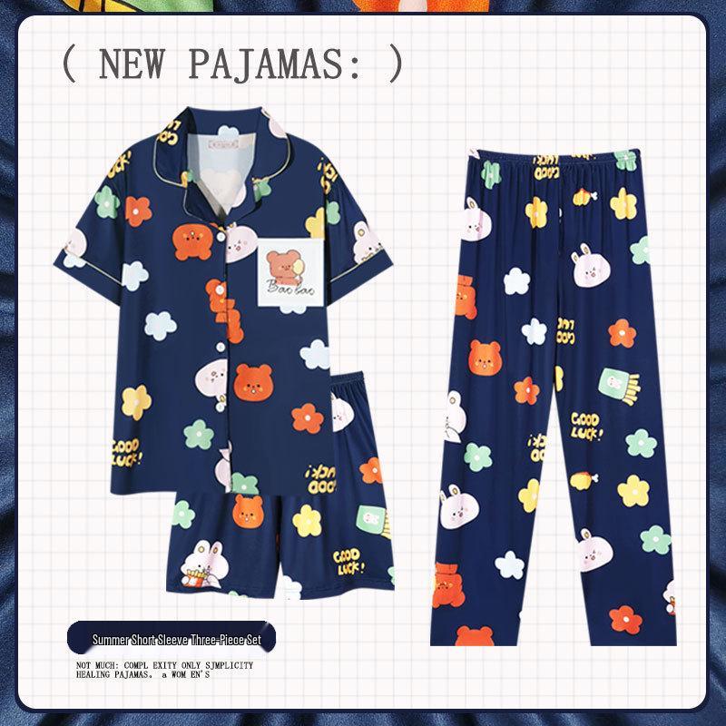 Pastoral Women's Pajama Set: Soft, Cute Rabbit Design, Short-Sleeve, Casual Three-Piece Loungewear.
