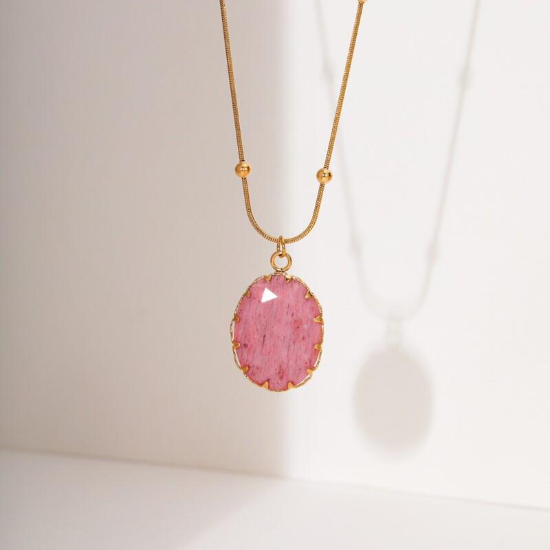 Womens Titanium Steel Pendant Necklace With Natural Stone 18K Gold Plated Geometric Oval Design Lightweight Luxury Chain