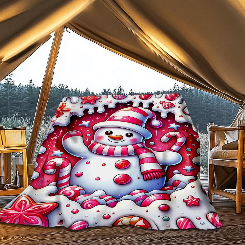 1pc Candyland Snowman Throw Blanket Polyester Fiber, Lightweight Flannel, Soft & Warm, All Season Use for Outdoor, Camping
