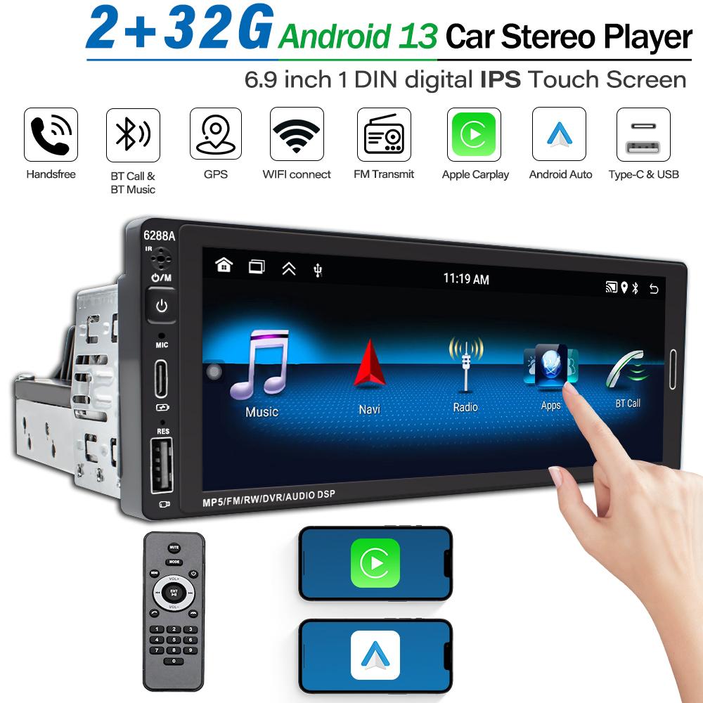 6.9inch 1Din Digital IPS Touch Screen Android 13 Car Stereo Video Auto Radio Multimedia Player GPS Navigation WiFi Bluetooth