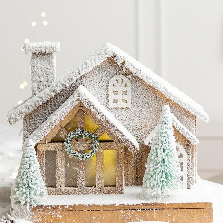Table Display Christmas Cottage Ornament with Light Effect, Wooden Snow Cabin Decoration for Tabletop Shelf Styling