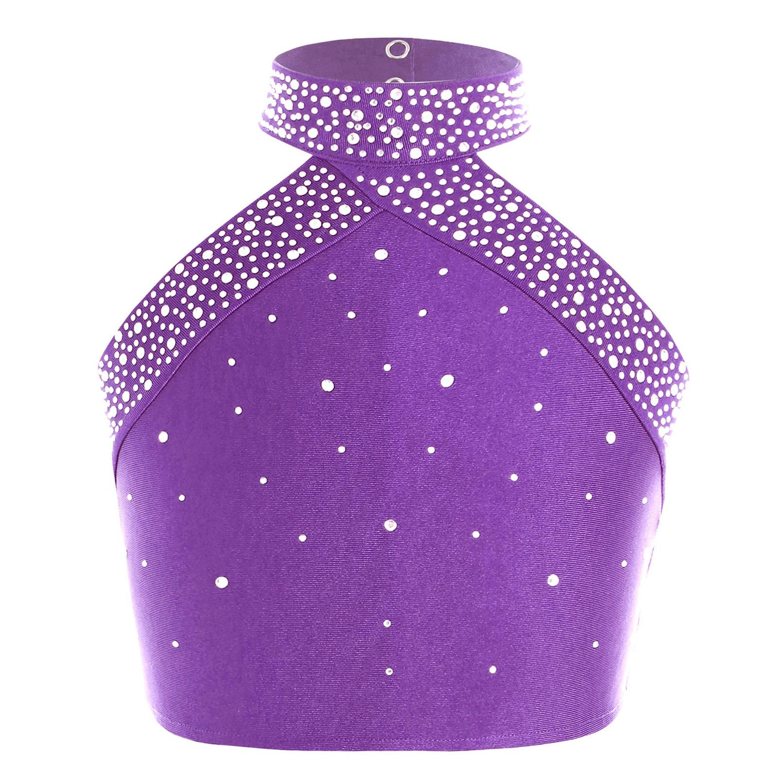 

Girls Dance Vest Halter Neck Sleeveless Backless Design Sparkly Rhinestones Cross Back Top 7-8 Years фіолетовий