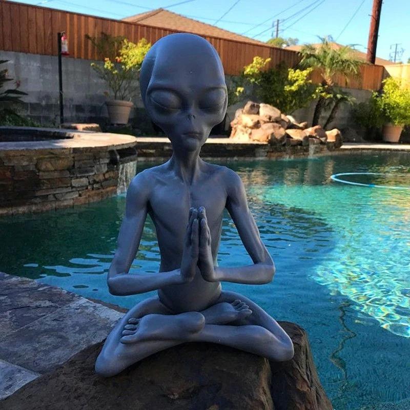 Meditating Alien Resin Statue Garden Ornament Best Art Decor for Indoor Outdoor Home or Office Promotion  Resin Embellishments