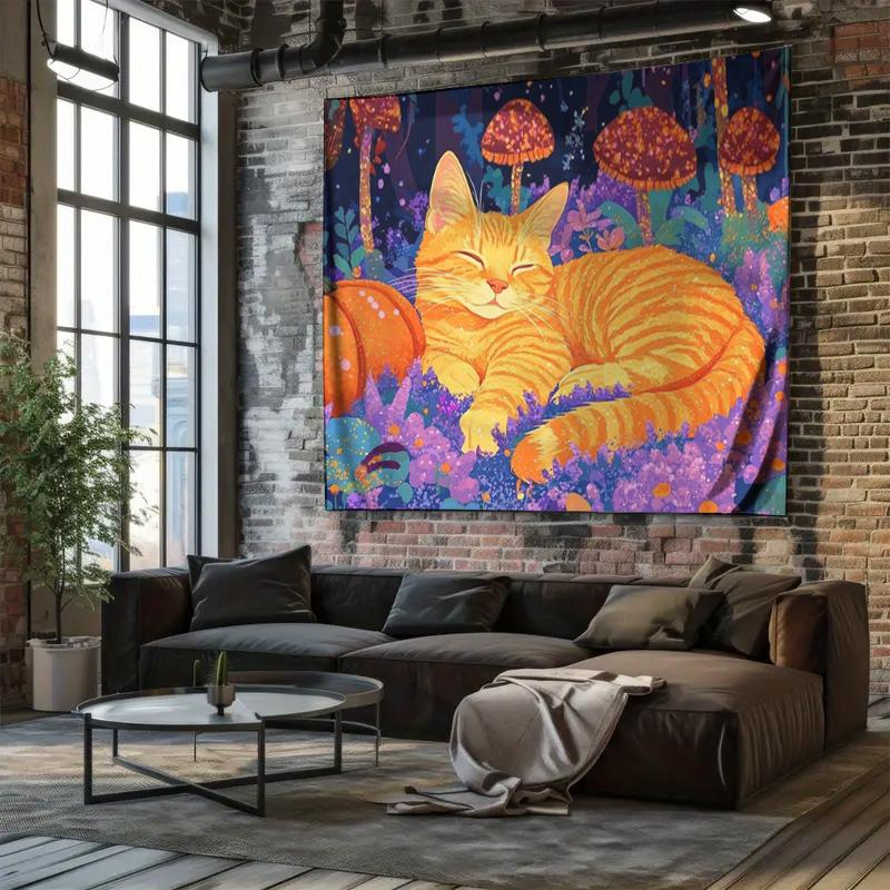 Orange Cat In a Dreamy Mushroom Forest Art Tapestry Bedroom Decor Wall Hanging