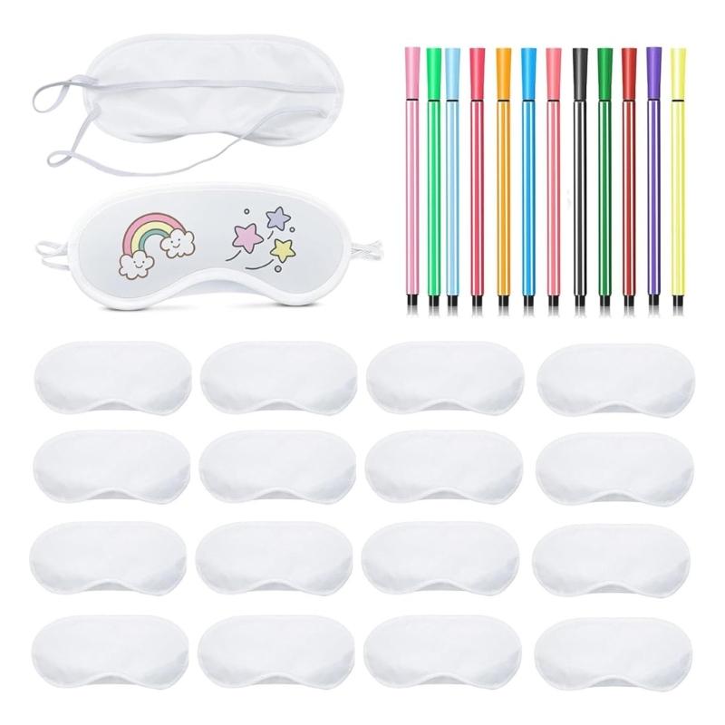 16Pieces Blank Eye Mask Set with 12 Color Watercolor Pen Paintable Fabric Sleep Mask For Adult Children Art Drawing