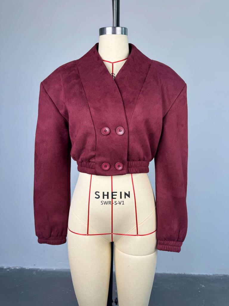 Burgundy Slimming V-Neck Double-Breasted Jacket - 2025 Spring Women's Fashion