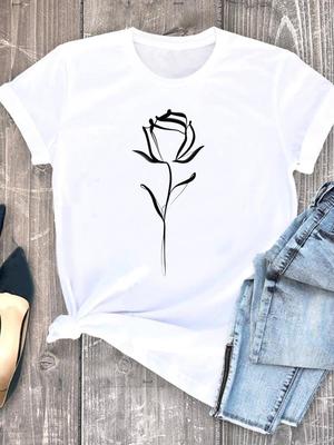 (Asian Size) Women Sweet Flower Cute 90s Casual Flower Short Sleeve T Shirt Fashion Print Lady Female Graphic T-shirts Tee Top Clothing