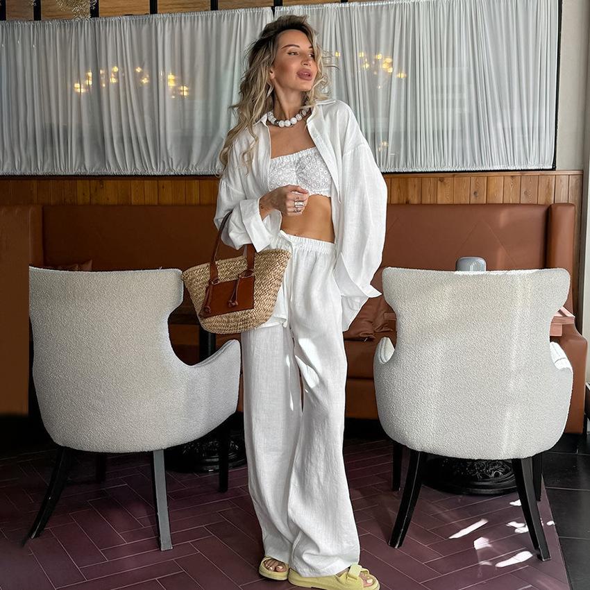 Cotton and Linen Shirts and Trousers Two-piece Set 1116 Autumn Street Style Loose Casual Long-sleeved Set European and American Women's Clothing