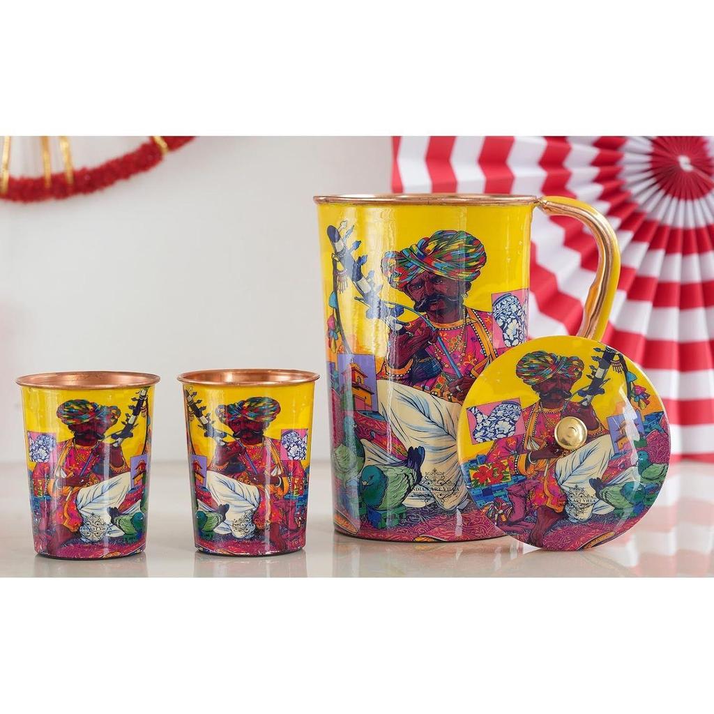 Meena Padharo Mhare Desh Theme Copper Gift Set of 1 Jug & 2 Glass - Perfect for Home, Office, and Gifting, Jug-1.5 Litre & Glass-270 ML Each