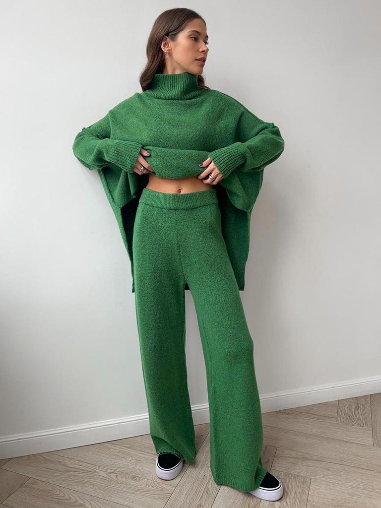 Women's Autumn/Winter High-Neck Sweater and Knit Pants Set - European/American Style, Loose Fit, Thick, Casual