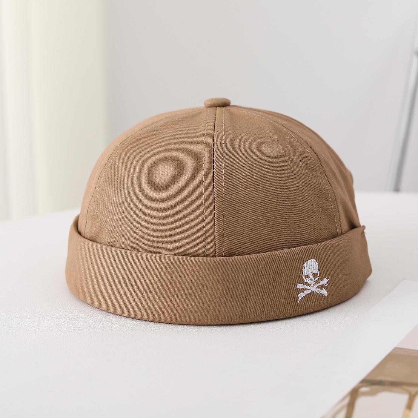 

Japanese-style straw cap with no brim, a domed top, suitable for spring and autumn, a streetwear retro embroidered skull cap. One Size