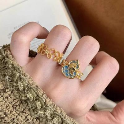 New Chinese Ancient Enamel Apricot Leaf Gourd Ring Exquisite Temperament Versatile Texture Zircon Ring