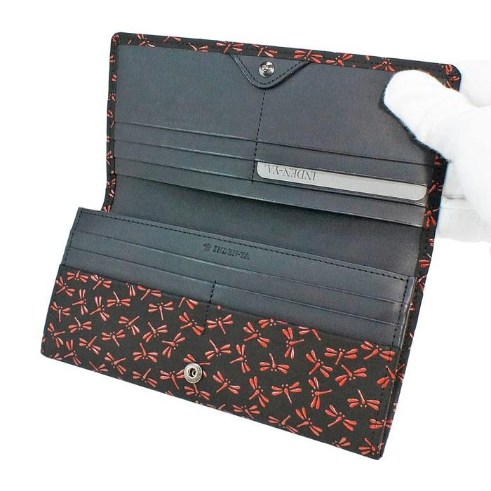[Inden-ya] Wallet Long Wallet with Coin Purse, Deer Leather, Black x Red Lacquer, Dragonfly Pattern 2308-21-008