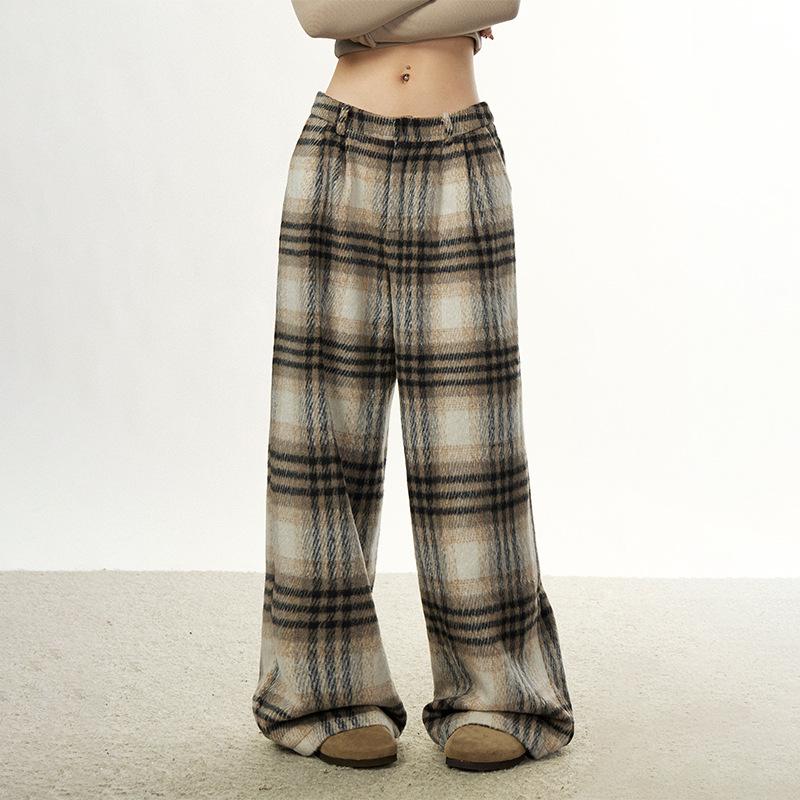 Women's Retro Plaid Wool Wide-Leg Pants - Loose, Versatile Design for Autumn/Winter