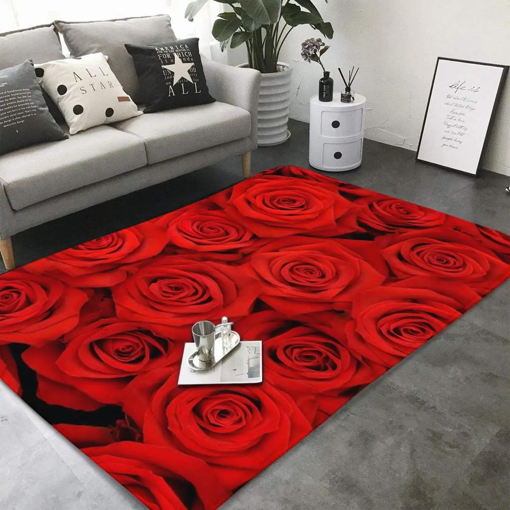 Carpet for Living Room Romantic Black White Red Rose Flower Painting Area Rug Abstract Non-Slip Bedside Floor Mats Home Decor