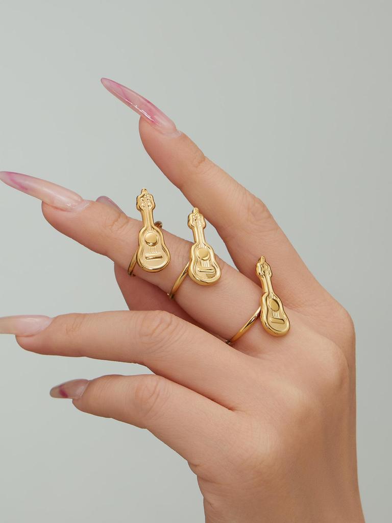 18K Gold-Plated Stainless Steel Guitar Open Ring - Trendy College Style Accessory with Niche Design.