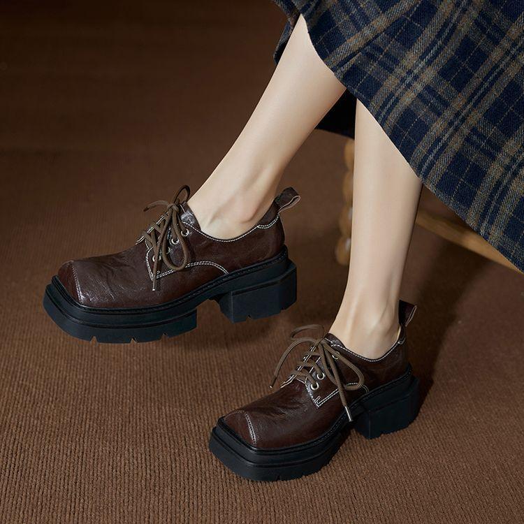 Thick-soled Thick-heeled Sheepskin Single Shoes Women's 2025 Spring New British Square Head High-heeled Muffin Sole Lace-up Casual Leather Shoes