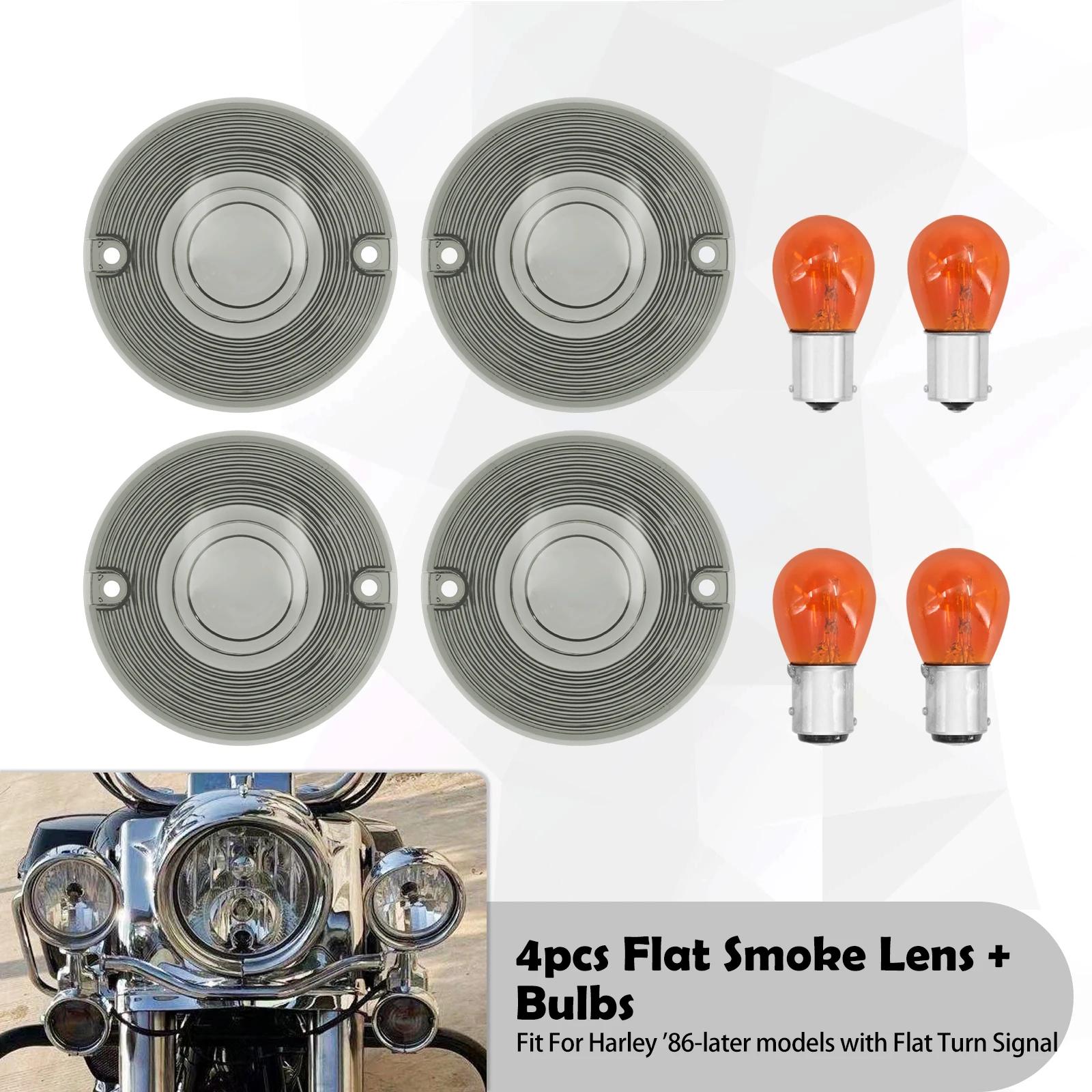 

4x Motorcycle Smoke Flat Turn Signal Lens Cover With Amber 1156 1157 Bulbs For Harley Sportster Touring Electra Glide Softail Lens Cover W Bulb