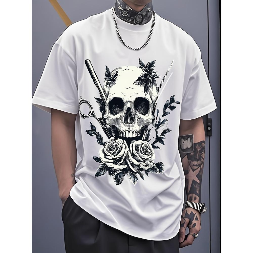 Europäische Größen Herren Schädel & Rose Grafik T-Shirt - Streetwear Style Kurzarm Rundhals Sommer Freizeit T-Shirt, Reguläre Passform Kräftiger Print Oberteil für Herren