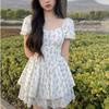 Waist one-word neck bubble sleeves fluffy princess dress summer new Zhizhi grape gentle girl floral dress