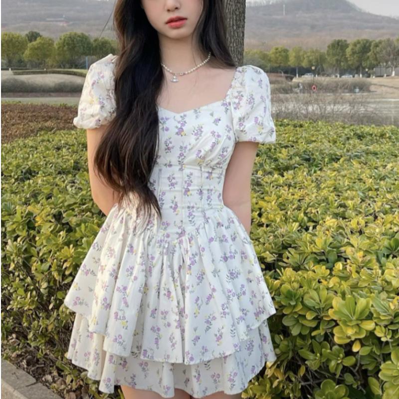 Waist one-word neck bubble sleeves fluffy princess dress summer new Zhizhi grape gentle girl floral dress