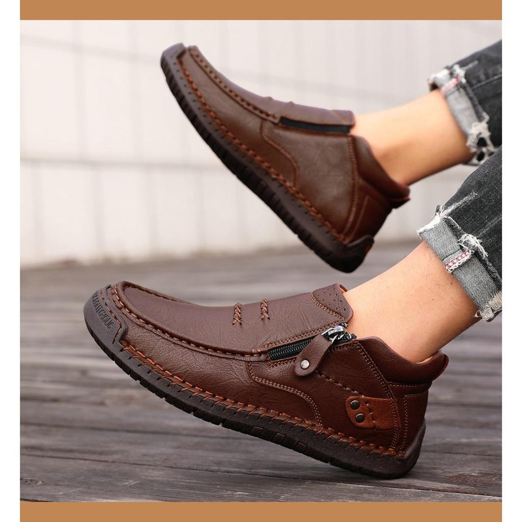 Oversized Men's Outdoor Casual Shoes, Flat Bottomed Handmade Stitched Leather Shoes, High Top Oversized Shoes, Boots