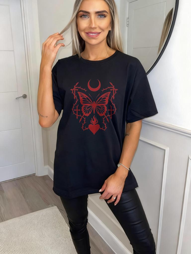 Black Oversized T Shirt With Red Butterfly Moon And Heart Print For Casual Wear