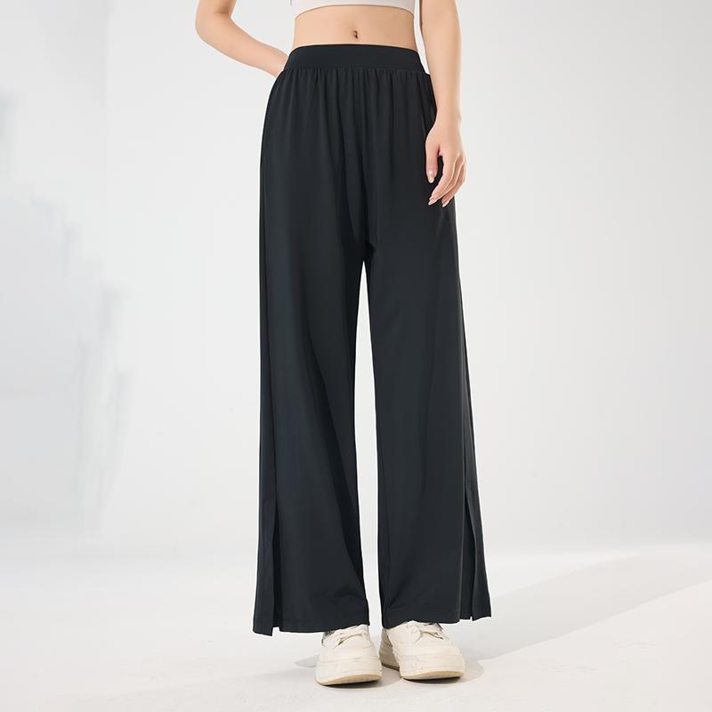 Ice Silk Women's New Summer Casual Pants Women's Thin Sports Breathable Slit Wide Leg Pants with Hanging Feeling