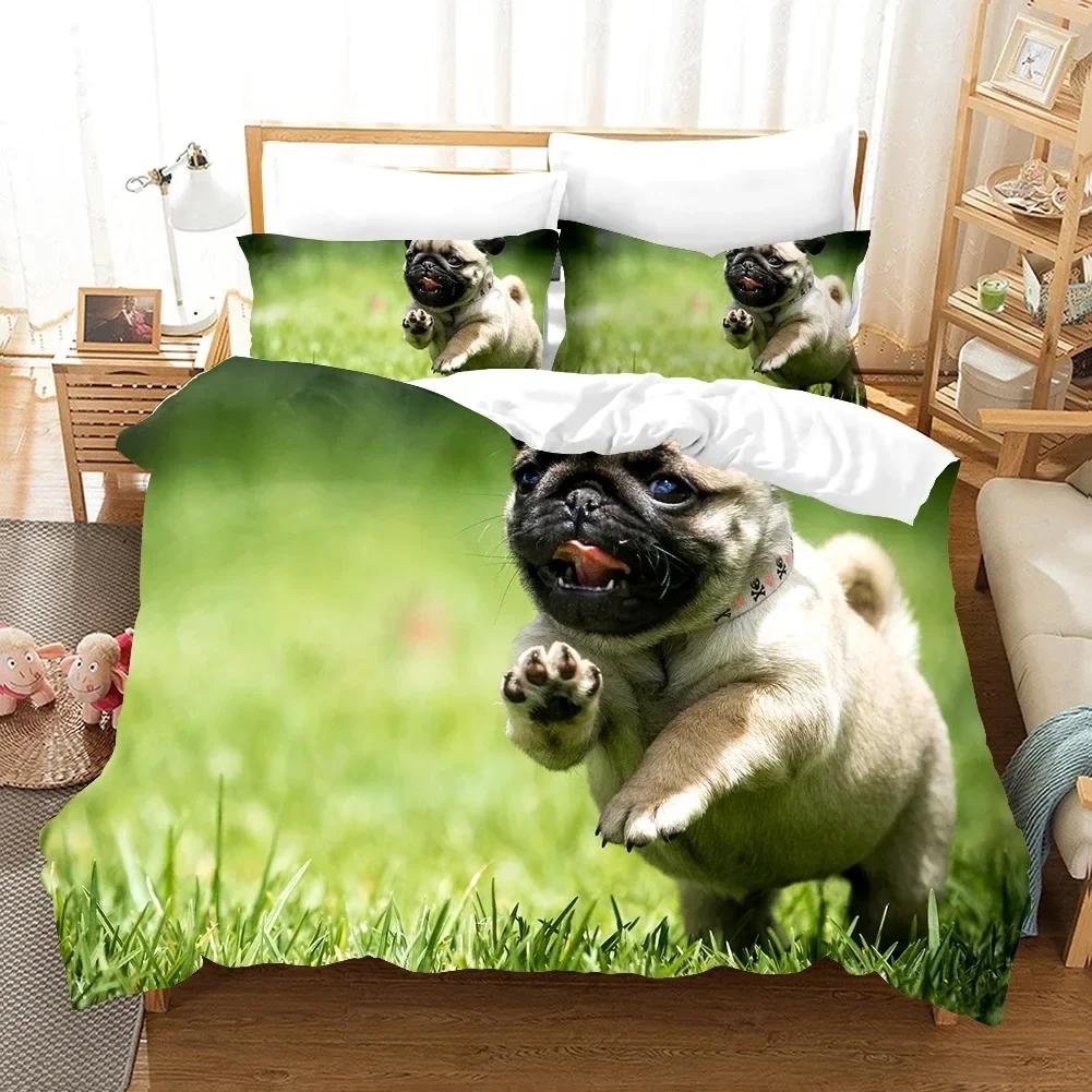Lovely Pug Dog Animal Happy Dogs Comfortable Duvet Quilt Cover Pillowcase Bedding Set Children Bedroom Decoration Home Textile