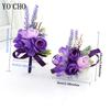 YO CHO Wedding Corsages Flower Groom Boutonniere Purple Silk Rose Man Brooches Wedding Bridesmaids Bracelet Wrist Corsage Flower