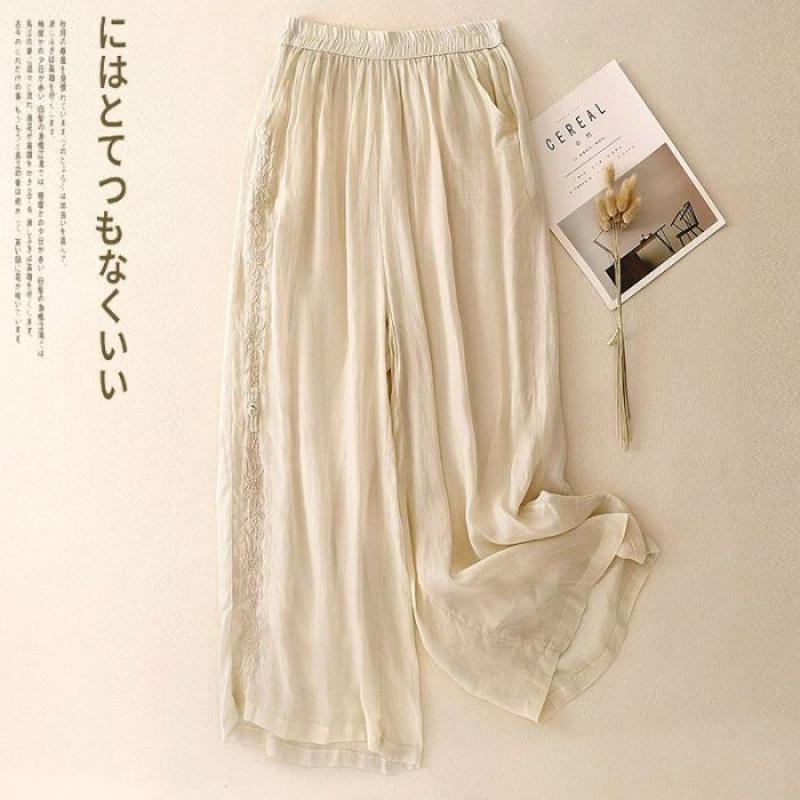 Vintage Embroidered Women's Wide-Leg Pants for Mothers, Summer Thin Elastic Waist Loose Casual Fashion Nine-Point Pants