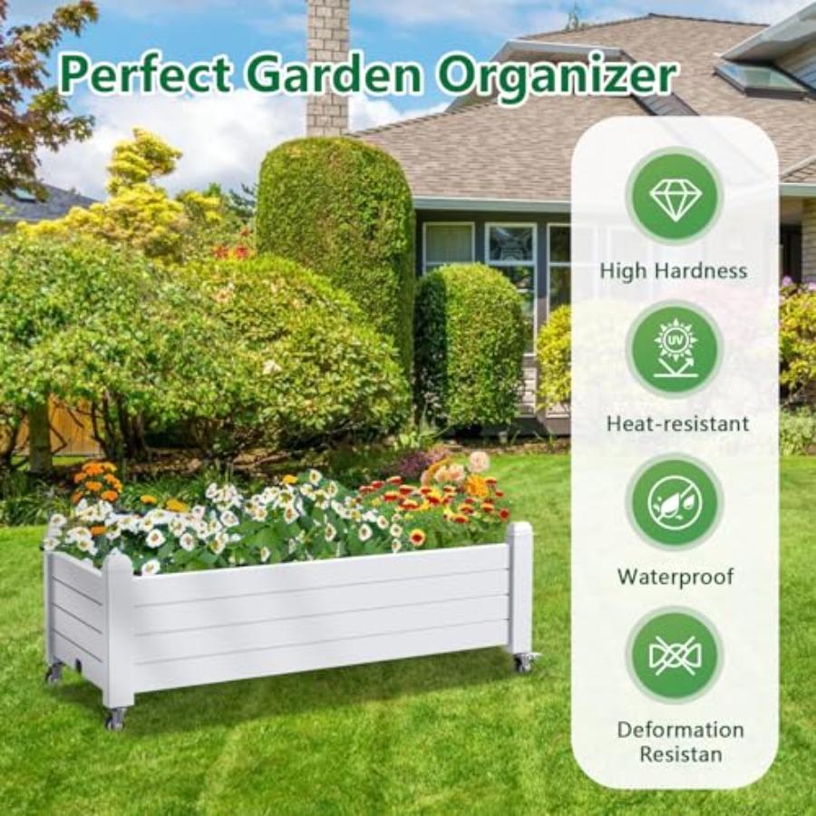 Raised Garden Bed with Wheels Outdoor Resin Weatherproof Planter Box with Drain Hole and Water Level Detector for Planting Plan