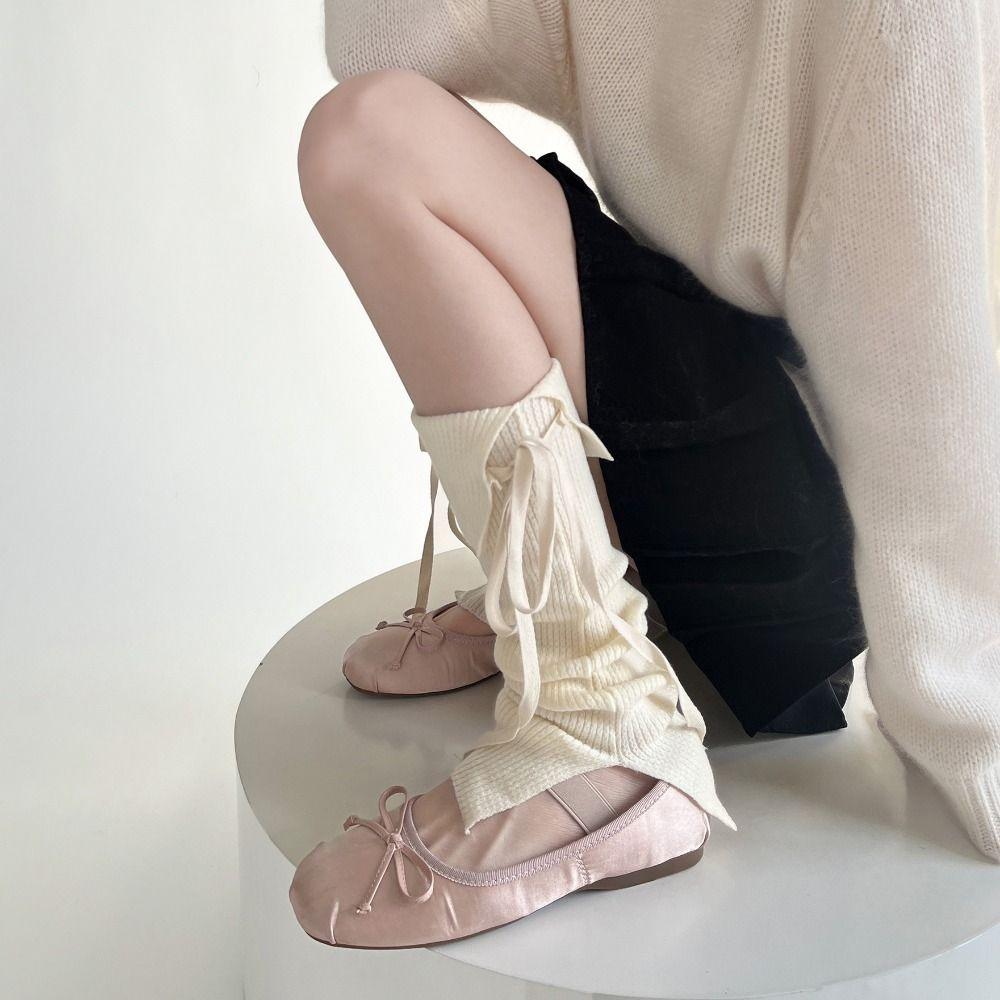 Bow Tie Lace Up Leg Warmers Y2K Knee High Socks Solid Color Women's Stockings Autumn