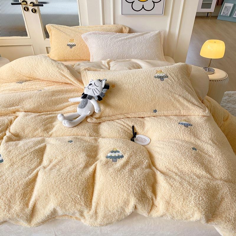 Ins Winter Thickened Teddy Velvet Yellow Towel Embroidered Christmas Tree Milk Velvet Four-piece Coral Velvet Set