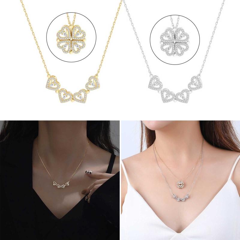 Heart Shaped & Four Leaf Clover Convertible Pendant Necklace Advanced Sense Necklace Crystals Jewelry for Women Girls
