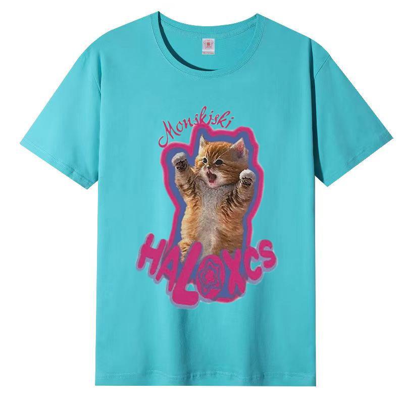 

Милый кот напечатан свободная повседневная хлопковая футболка с коротким рукавом женская круглая горловина короткий рукав топы 3XL