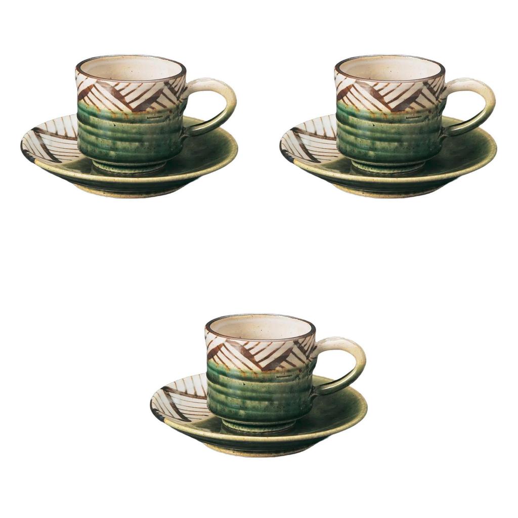 Set of 3 Oribe Lattice Coffee Cups and Saucers X X Cm Ceramic Cups and Saucers by Setomonohonpo [7.5 10.4 6.8 (200cc)]