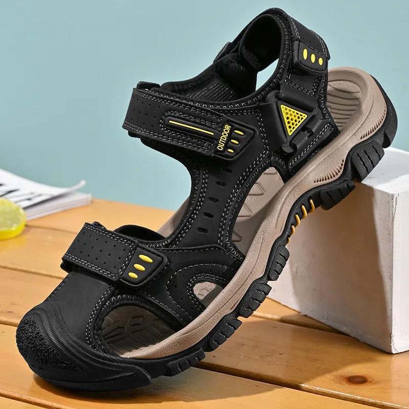 Summer Baotou Men Sandals Outdoor Sports Anti-collision Men's Shoes Soft Rubber Lightweight Hiking Shoes Flat Black Flip-flops