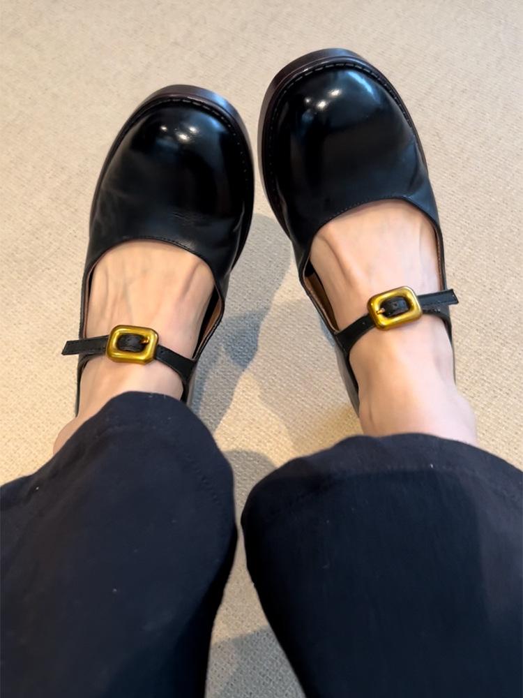 Cowhide Retro Platform Loafers Women's Genuine Leather One-word Buckle Light Mouth Single Shoes Women's Thick Heel French Mary Jane Small Leather Shoe